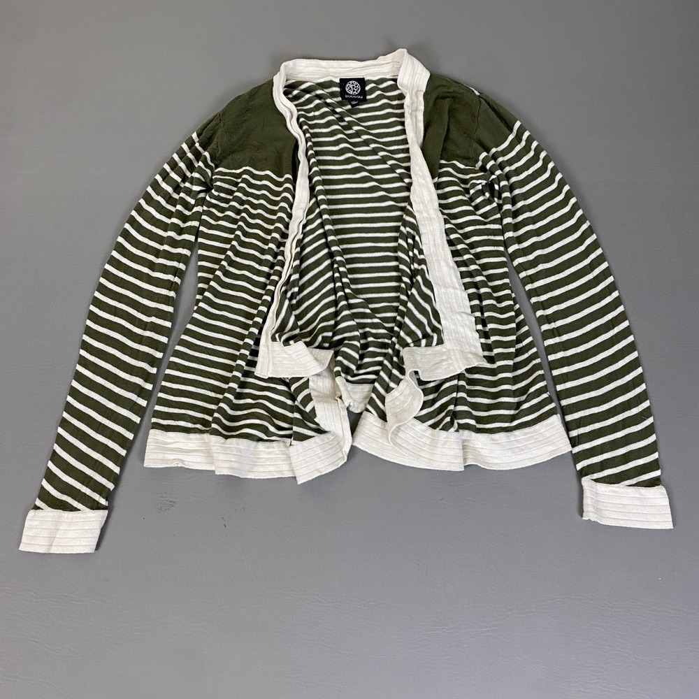 Bobeau Cardigan Women's Size Large Olive Green Cream Striped Open Draped Rayon